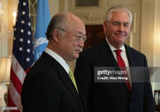 Secretary of State Rex Tillerson meets with International Atomic Energy Agency Director Yukiya Amano at the State Department March2, 2017 in...