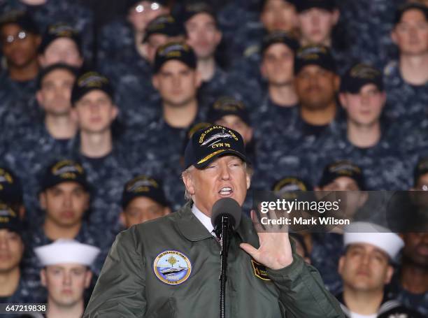 President Donald Trump speaks to members of the U.S. Navy and shipyard workers on board the USS Gerald R. Ford CVN 78 that is being built at Newport...