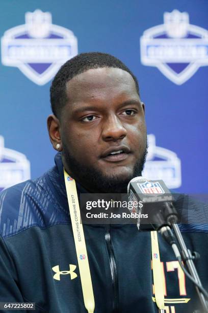 Offensive lineman Cam Robinson of Alabama answers questions from the media on Day 2 of the NFL Combine at the Indiana Convention Center on March 2,...