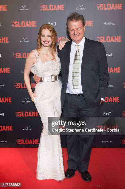 Actress Jessica Chastain and director John Madden attend the "Miss Sloane" Paris Premiere at Cinema UGC Normandie on March 2, 2017 in Paris, France.