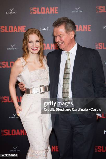 Actress Jessica Chastain and director John Madden attend the "Miss Sloane" Paris Premiere at Cinema UGC Normandie on March 2, 2017 in Paris, France.