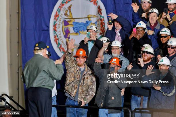 President Donald Trump acknowledges the crowd after speaking abroad the aircraft carrier Gerald R. Ford CVN-78 at Newport News Shipbuilding Thursday...