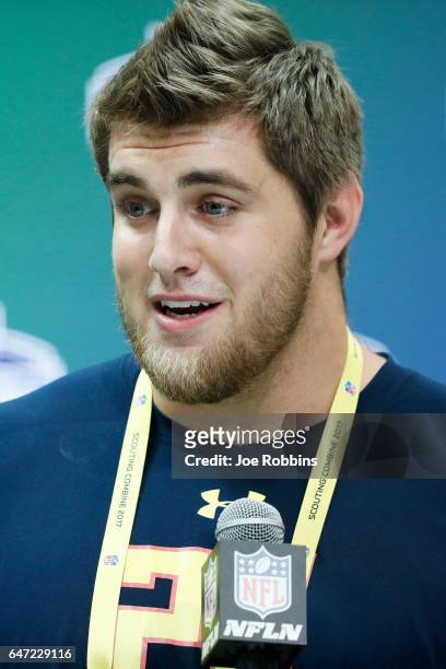 Offensive lineman Forrest Lamp of Western Kentucky answers questions from the media on Day 2 of the NFL Combine at the Indiana Convention Center on...