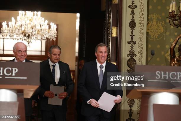 Francisco Gonzalez Rodriguez, chairman of Banco Bilbao Vizcaya Argentaria , from left, Luis Robles Miaja, BBVA Bancomer SA, and Jose Antonio Meade,...