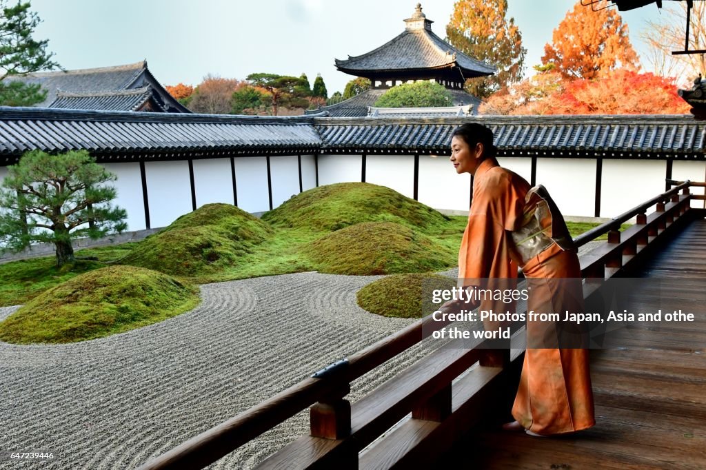 Japanese Woman in Kimono at Tofuku-ji Temple, Kyoto