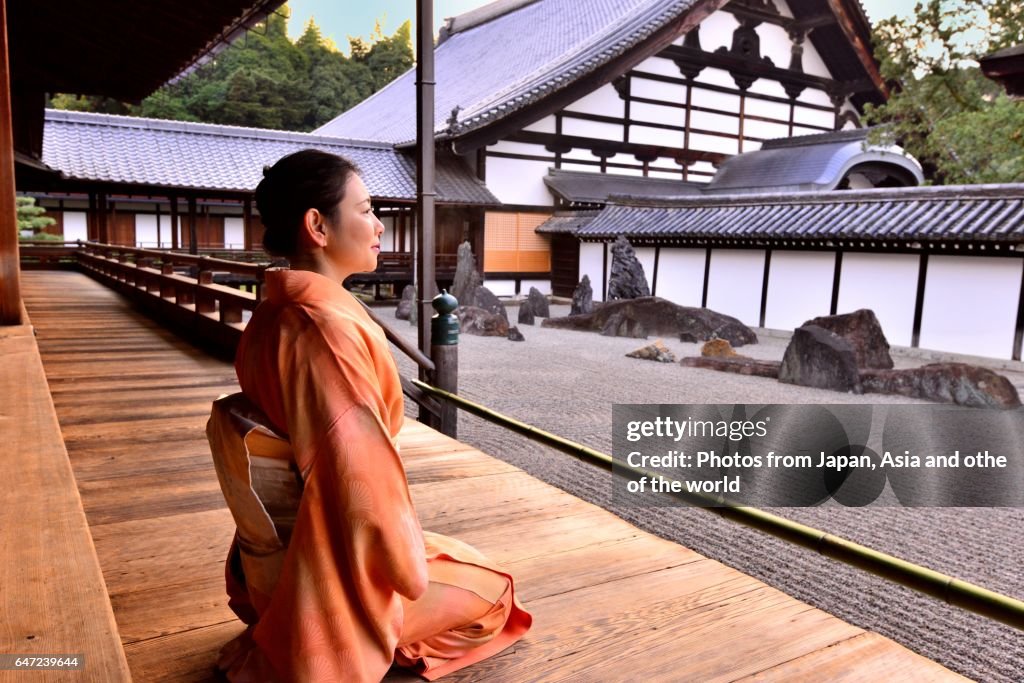 Japanese Woman in Kimono at Tofuku-ji Temple, Kyoto
