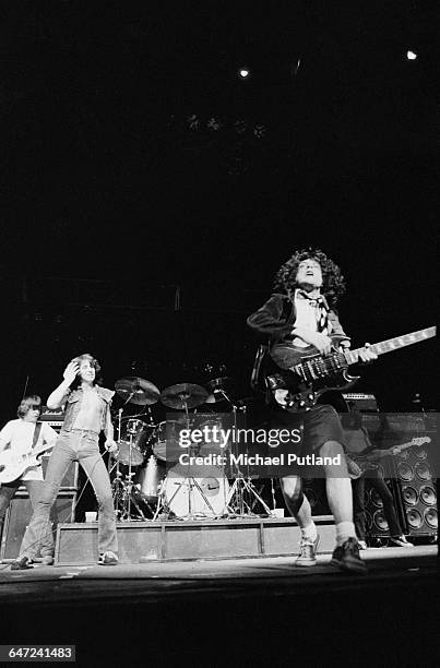 Australian heavy rock group AC/DC performing in New York, August 1979. Left to right: Malcolm Young, Bon Scott , Phil Rudd , Angus Young and Cliff...