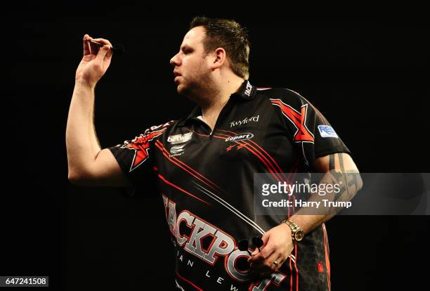 Adrian Lewis throws during Night Five of the Betway Premier League Darts at Westpoint Arena on March 2, 2017 in Exeter, England.