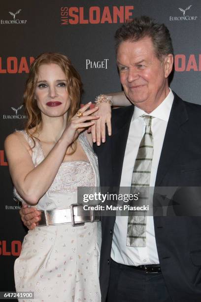 Actress Jessica Chastain and director John Madden attend 'Miss Sloane' Premiere at Cinema UGC Normandie on March 2, 2017 in Paris, France.