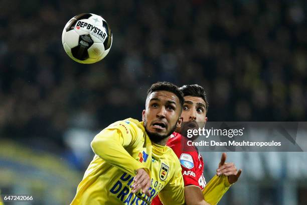 Marvin Peersman of SC Cambuur battles for the ball with Alireza Jahanbakhsh of AZ Alkmaar during the Dutch KNVB Cup Semi-final match between AZ...