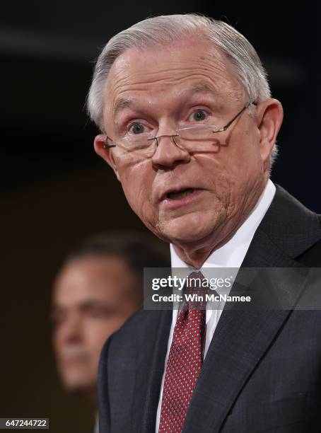 Attorney General Jeff Sessions answers questions during a press conference at the Department of Justice on March 2, 2017 in Washington, DC. Sessions...