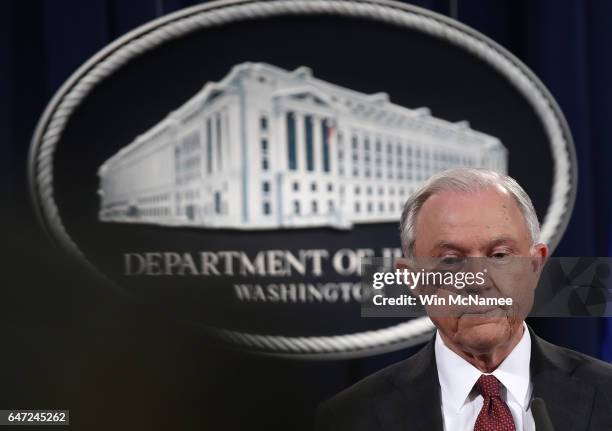 Attorney General Jeff Sessions answers questions during a press conference at the Department of Justice on March 2, 2017 in Washington, DC. Sessions...