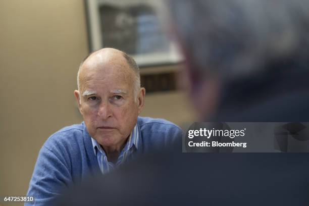 Jerry Brown, governor of California, listens during an interview at the State Capitol in Sacramento, California, U.S., on Thursday, March 2, 2017....