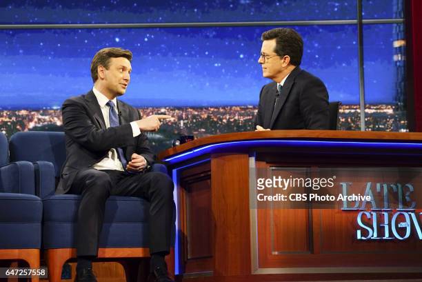 The Late Show with Stephen Colbert on Tuesday, Feb. 28, 2017 with guest former White House Press Secretary Josh Earnest