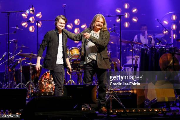 German-Hungarian musician Leslie Mandoki and his son Gabor Mandoki during the Man Doki Soulmates: Wings Of Freedom Concert on March 1, 2017 in Paris,...