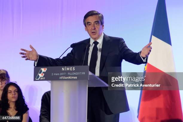 French presidential election candidate for the right-wing Les Republicains party Francois Fillon speaks during a campaign rally on March 2, 2017 in...