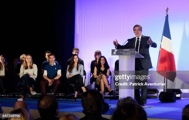 French presidential election candidate for the right-wing Les Republicains party Francois Fillon speaks during a campaign rally on March 2, 2017 in...