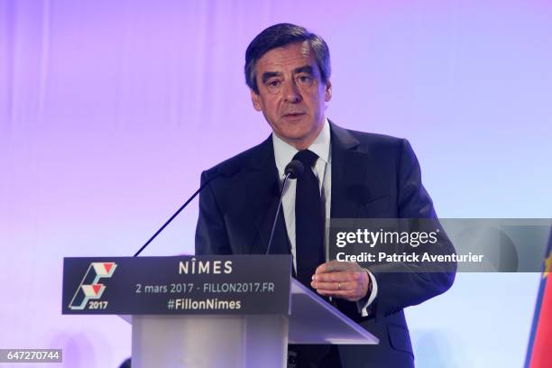 French presidential election candidate for the right-wing Les Republicains party Francois Fillon speaks during a campaign rally on March 2, 2017 in...