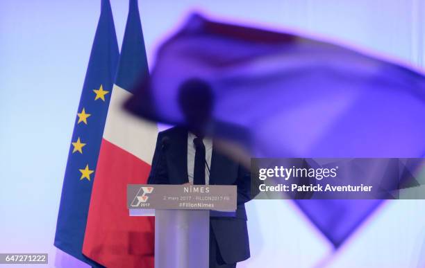 French presidential election candidate for the right-wing Les Republicains party Francois Fillon speaks during a campaign rally on March 2, 2017 in...