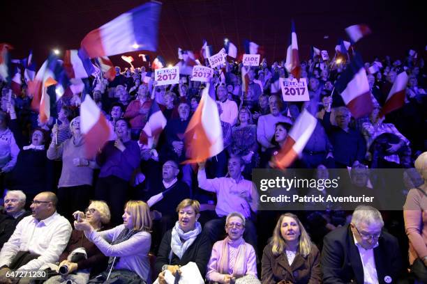 French presidential election candidate for the right-wing Les Republicains party Francois Fillon speaks during a campaign rally on March 2, 2017 in...