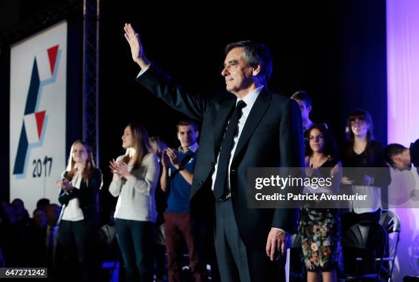 French presidential election candidate for the right-wing Les Republicains party Francois Fillon speaks during a campaign rally on March 2, 2017 in...