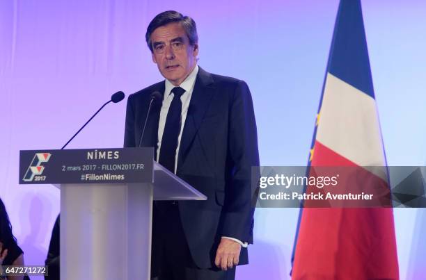 French presidential election candidate for the right-wing Les Republicains party Francois Fillon speaks during a campaign rally on March 2, 2017 in...