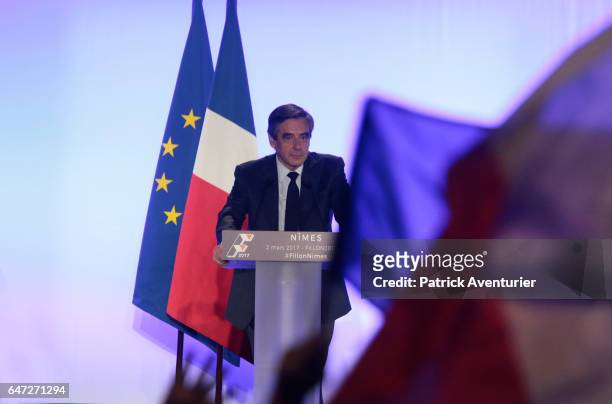 French presidential election candidate for the right-wing Les Republicains party Francois Fillon speaks during a campaign rally on March 2, 2017 in...