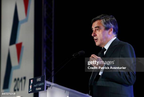 French presidential election candidate for the right-wing Les Republicains party Francois Fillon speaks during a campaign rally on March 2, 2017 in...