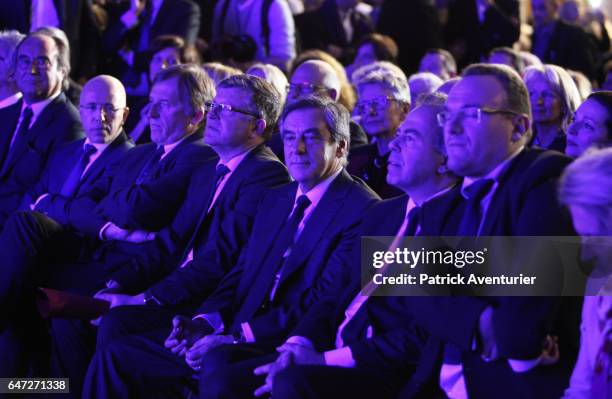 French presidential election candidate for the right-wing Les Republicains party Francois Fillon speaks during a campaign rally on March 2, 2017 in...