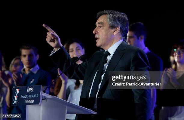 French presidential election candidate for the right-wing Les Republicains party Francois Fillon speaks during a campaign rally on March 2, 2017 in...