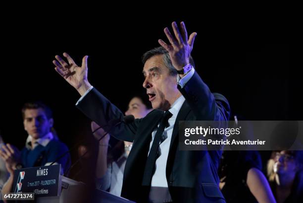 French presidential election candidate for the right-wing Les Republicains party Francois Fillon speaks during a campaign rally on March 2, 2017 in...