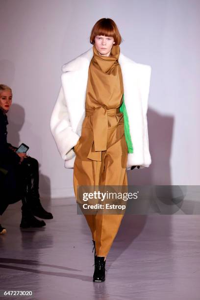 Model walks the runway during the Wanda Nylondesigned by Nana Aganovich show as part of the Paris Fashion Week Womenswear Fall/Winter 2017/2018 on...