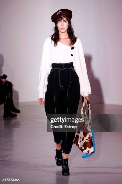 Model walks the runway during the Wanda Nylondesigned by Nana Aganovich show as part of the Paris Fashion Week Womenswear Fall/Winter 2017/2018 on...