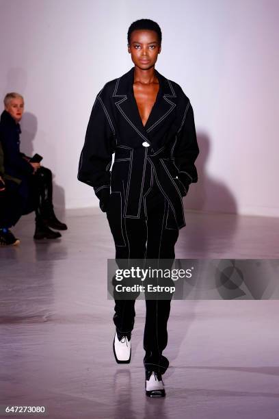 Model walks the runway during the Wanda Nylondesigned by Nana Aganovich show as part of the Paris Fashion Week Womenswear Fall/Winter 2017/2018 on...