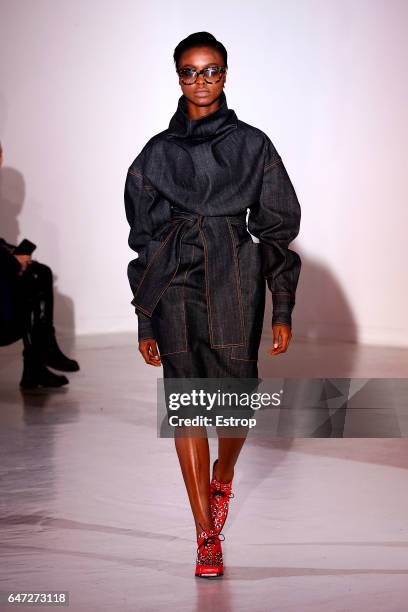 Model walks the runway during the Wanda Nylondesigned by Nana Aganovich show as part of the Paris Fashion Week Womenswear Fall/Winter 2017/2018 on...