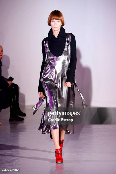 Model walks the runway during the Wanda Nylondesigned by Nana Aganovich show as part of the Paris Fashion Week Womenswear Fall/Winter 2017/2018 on...