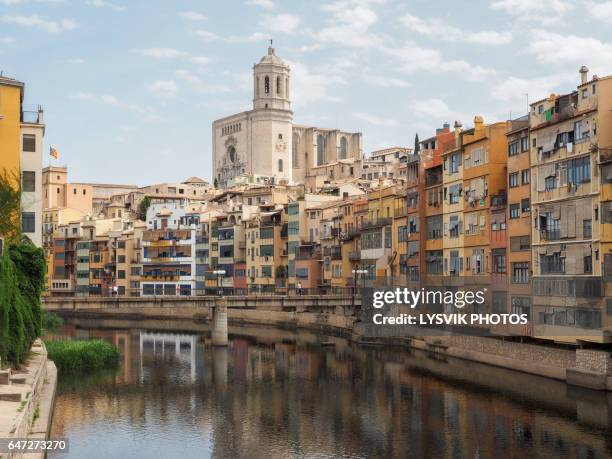 cathedral and colorful buildings in girona on the banks of the onyar river - cathedral photos et images de collection