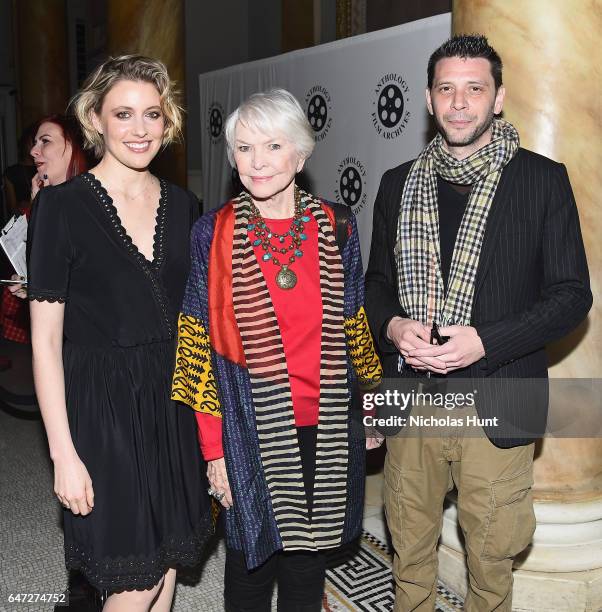 Actress Greta Gerwig, actress Ellen Burstyn and Andrea Fratto attend The Anthology Film Archives Benefit and Auction on March 2, 2017 in New York...