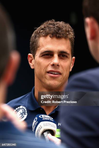 Ed Curnow speaks during a Carlton Blues AFL media opportunity at Ikon Park on March 3, 2017 in Melbourne, Australia.