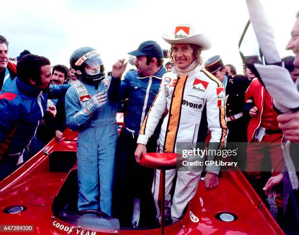 Jacques Laffite, Willi Kauhsen and Arturo Merzario are winners at the Dijon 1000kms, 1975.