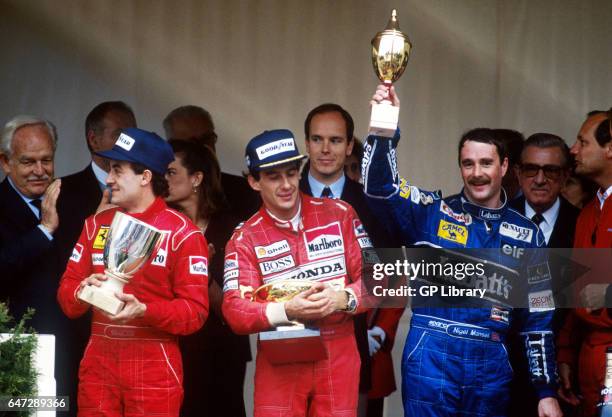 Jean Alesi, Ayrton Senna and Nigel Mansell on the podium, 1991.
