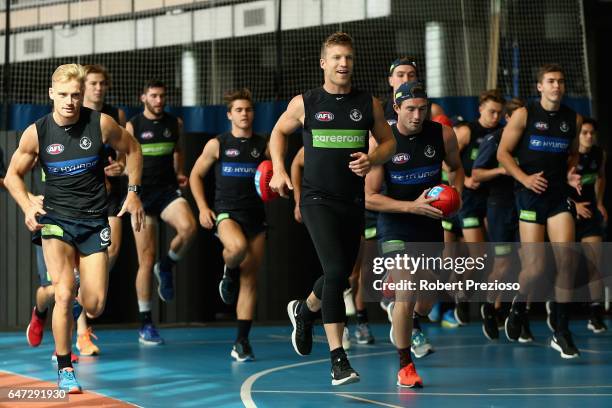 Players warm up during a Carlton Blues AFL media opportunity at Ikon Park on March 3, 2017 in Melbourne, Australia.