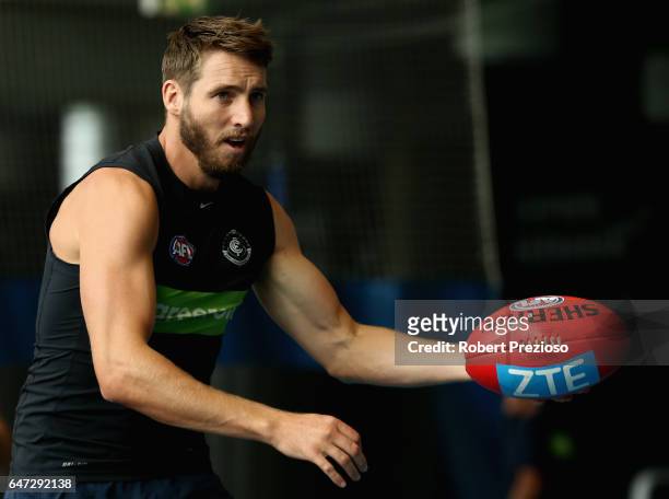 Dale Thomas gathers the ball during a Carlton Blues AFL media opportunity at Ikon Park on March 3, 2017 in Melbourne, Australia.