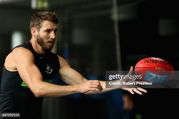 Dale Thomas gathers the ball during a Carlton Blues AFL media opportunity at Ikon Park on March 3, 2017 in Melbourne, Australia.