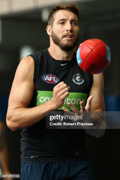 Dale Thomas handballs during a Carlton Blues AFL media opportunity at Ikon Park on March 3, 2017 in Melbourne, Australia.