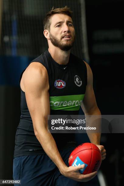 Dale Thomas handballs during a Carlton Blues AFL media opportunity at Ikon Park on March 3, 2017 in Melbourne, Australia.