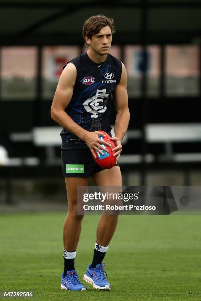 Caleb Marchbank prepares to kick during a Carlton Blues AFL media opportunity at Ikon Park on March 3, 2017 in Melbourne, Australia.