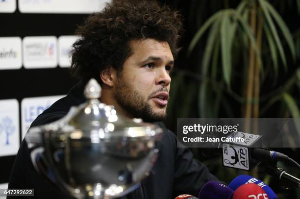 Jo-Wilfried Tsonga of France answers to the media after winning the final of the Open 13, an ATP 250 tennis tournament at Palais des Sports on...