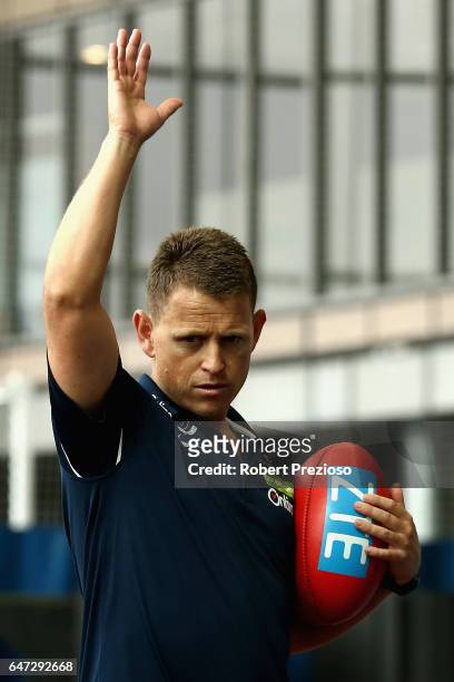 Coach Brendon Bolton gestures during a Carlton Blues AFL media opportunity at Ikon Park on March 3, 2017 in Melbourne, Australia.