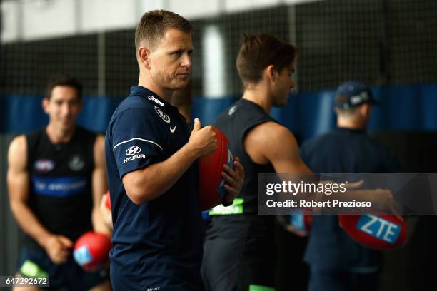 Coach Brendon Bolton looks on during a Carlton Blues AFL media opportunity at Ikon Park on March 3, 2017 in Melbourne, Australia.